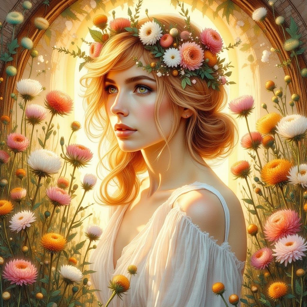 Ethereal Beauty in a Golden Floral Crown