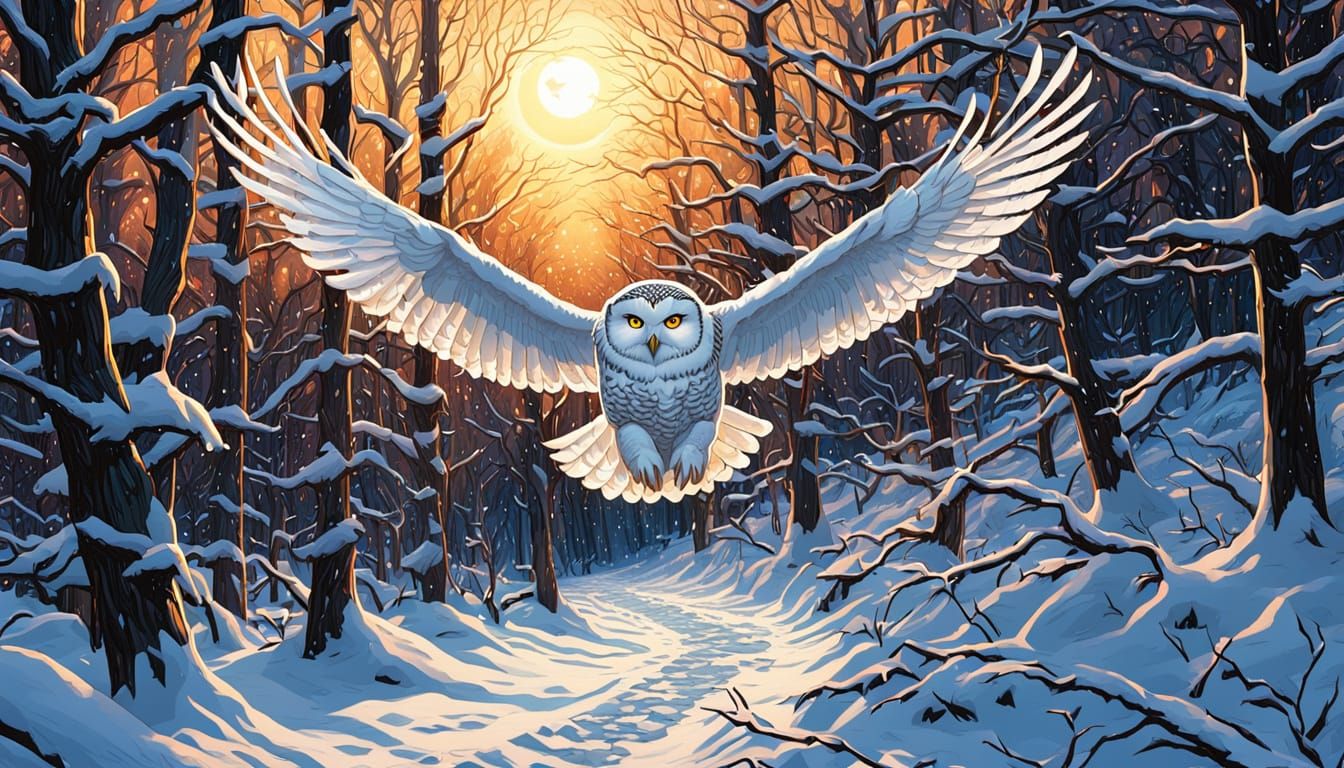 Snow Owl Glides Through Forest Path in Comic Art