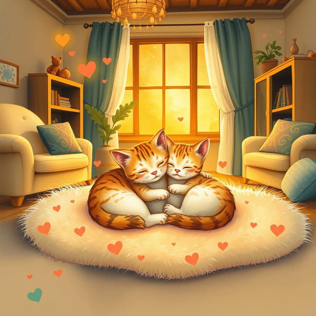 Cozy Mama Cat and Kitten on a Whimsical Rug, Beatrix Potter-...