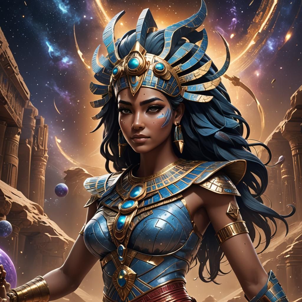 Nebula-Skinned Egyptian Goddess in Detailed Digital Art