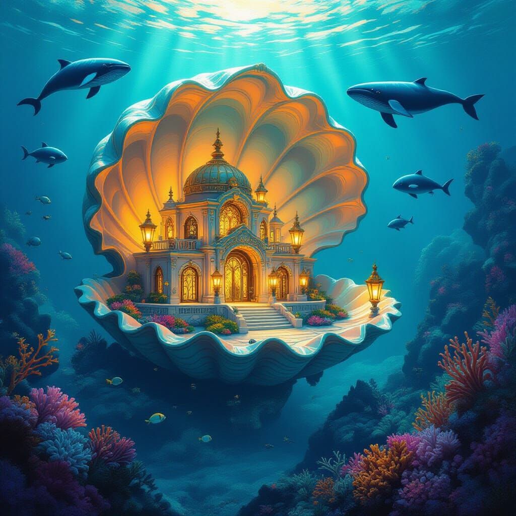 Majestic Underwater Seashell Palace with Golden Lanterns
