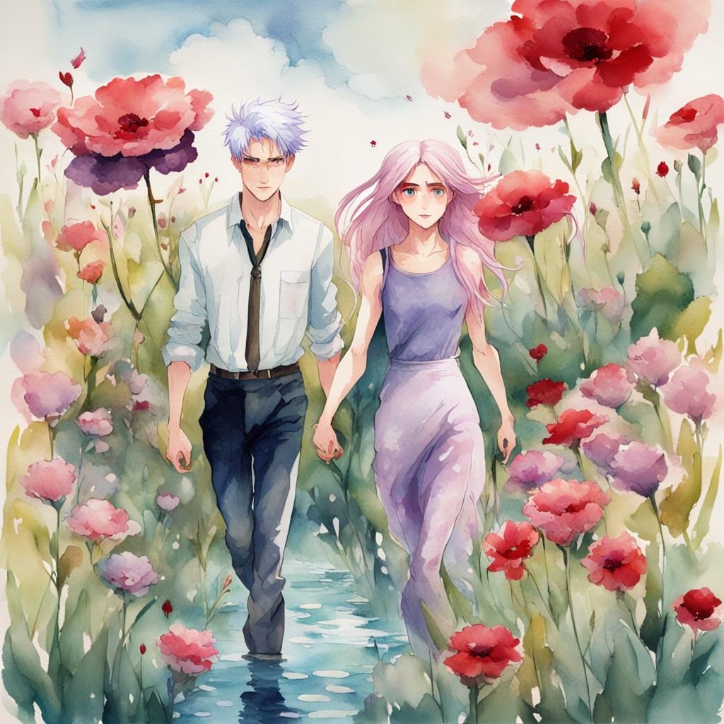 Watercolor Painting of a Pink-Haired Woman in Field