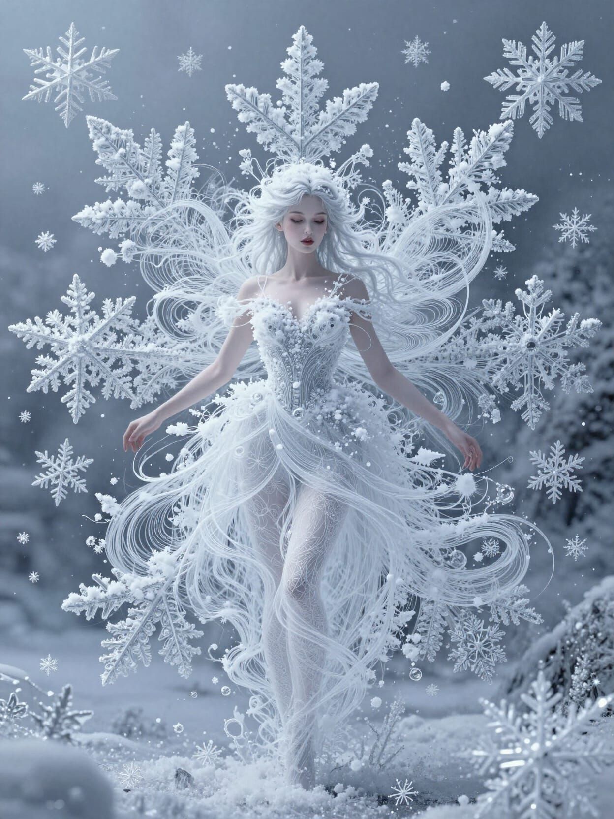 Surreal Snow Fairy in Crystalline World