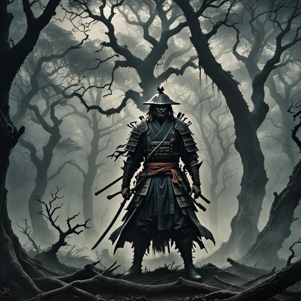 Master Samurai in Haunted Forest, Dark Fantasy Art