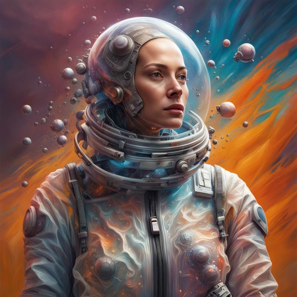Hyperrealistic Portrait: Woman in Transparent Spacesuit