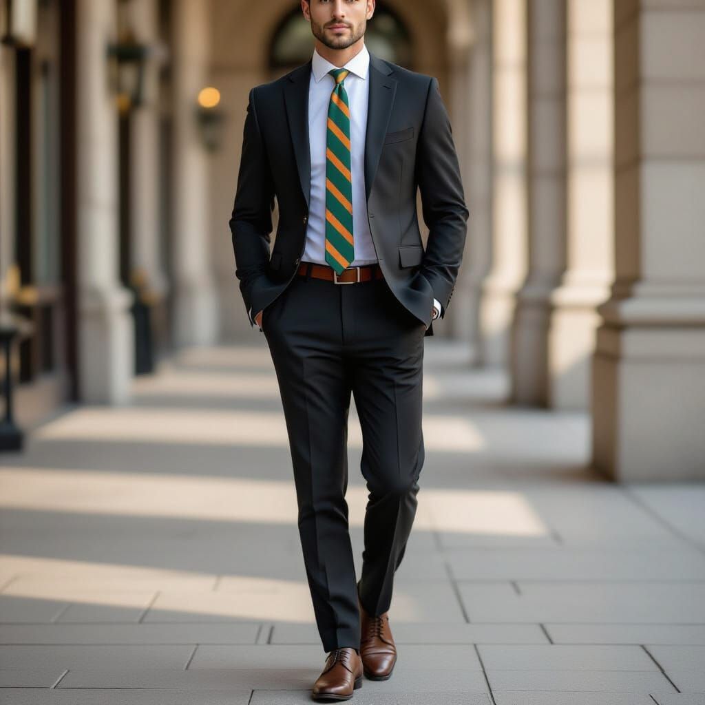 Man in Black Suit with Striped Tie Poses in Golden Hour Ligh...