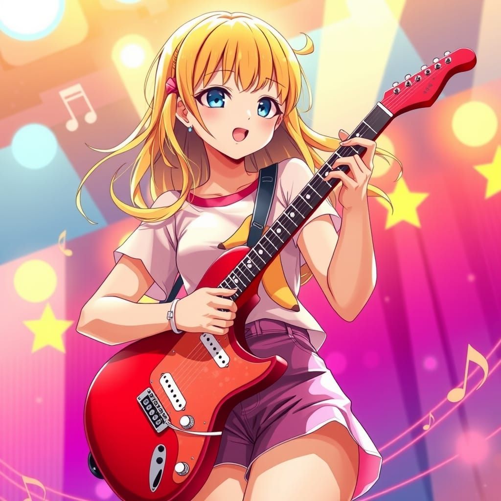 Energetic Anime Woman Playing Guitar in Vibrant Style