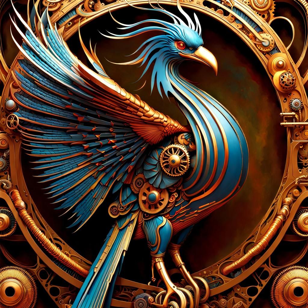 Mechanical Phoenix in Cyberpunk Forest