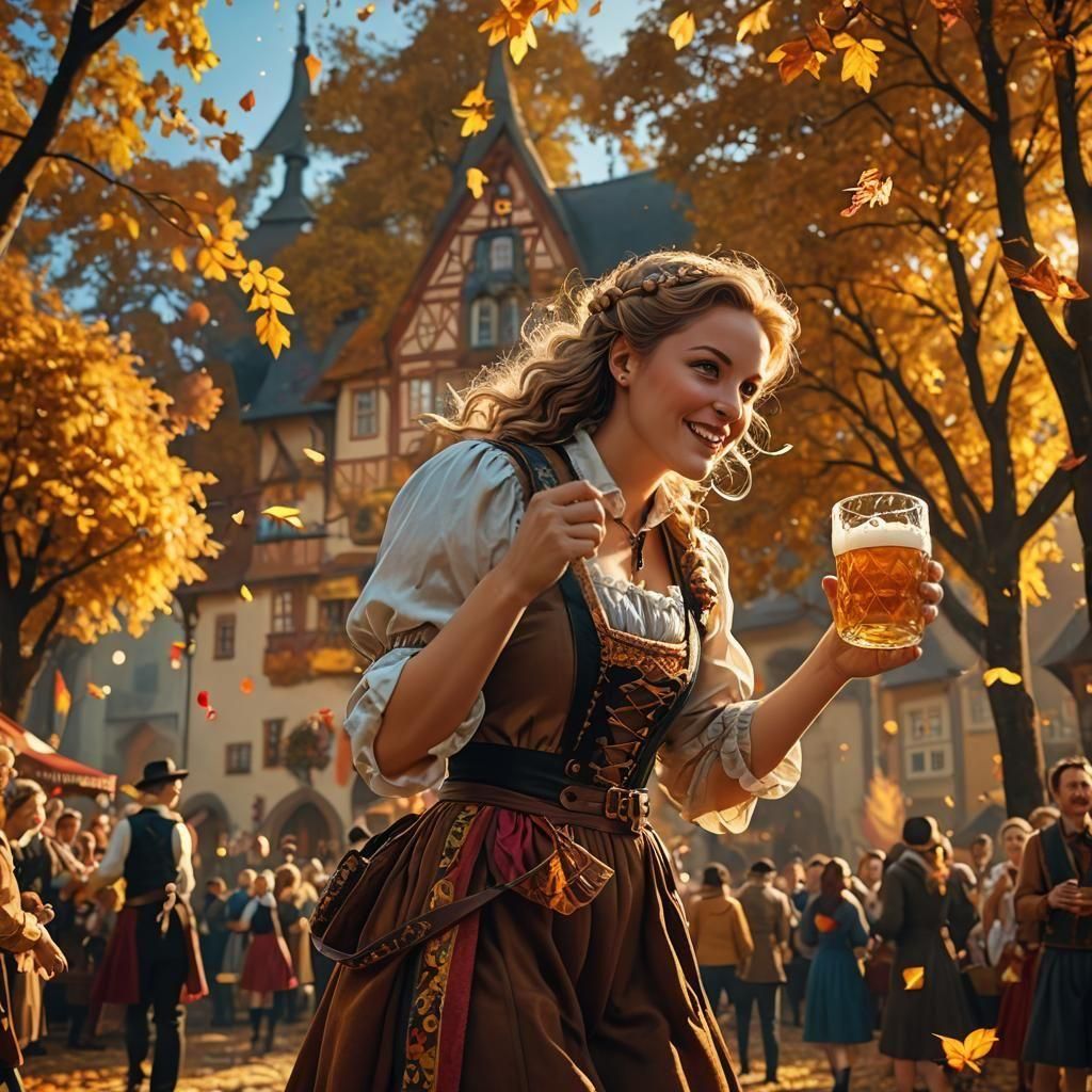Oktoberfest Woman Flying Kite, Digital Matte Painting
