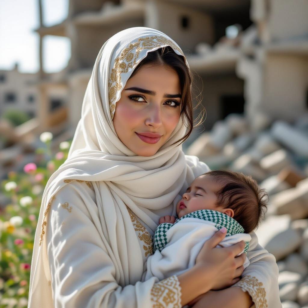 Palestinian Mother with Child in War-Torn Landscape
