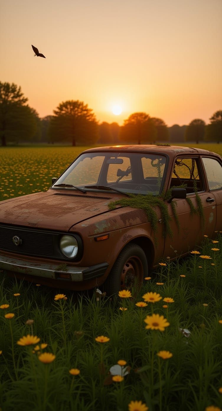 Rusty Car Abandoned in Wildflower Field at Sunset