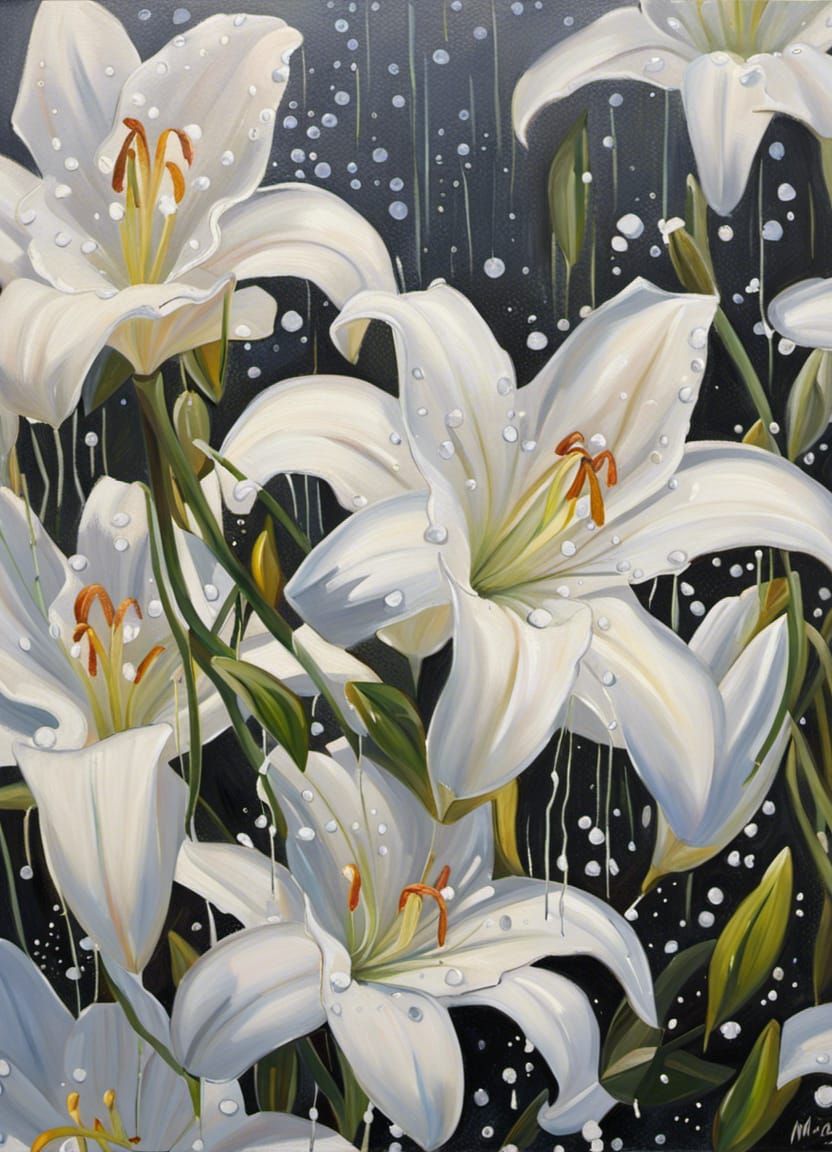 White Lilies in Snow: Detailed Oil Painting