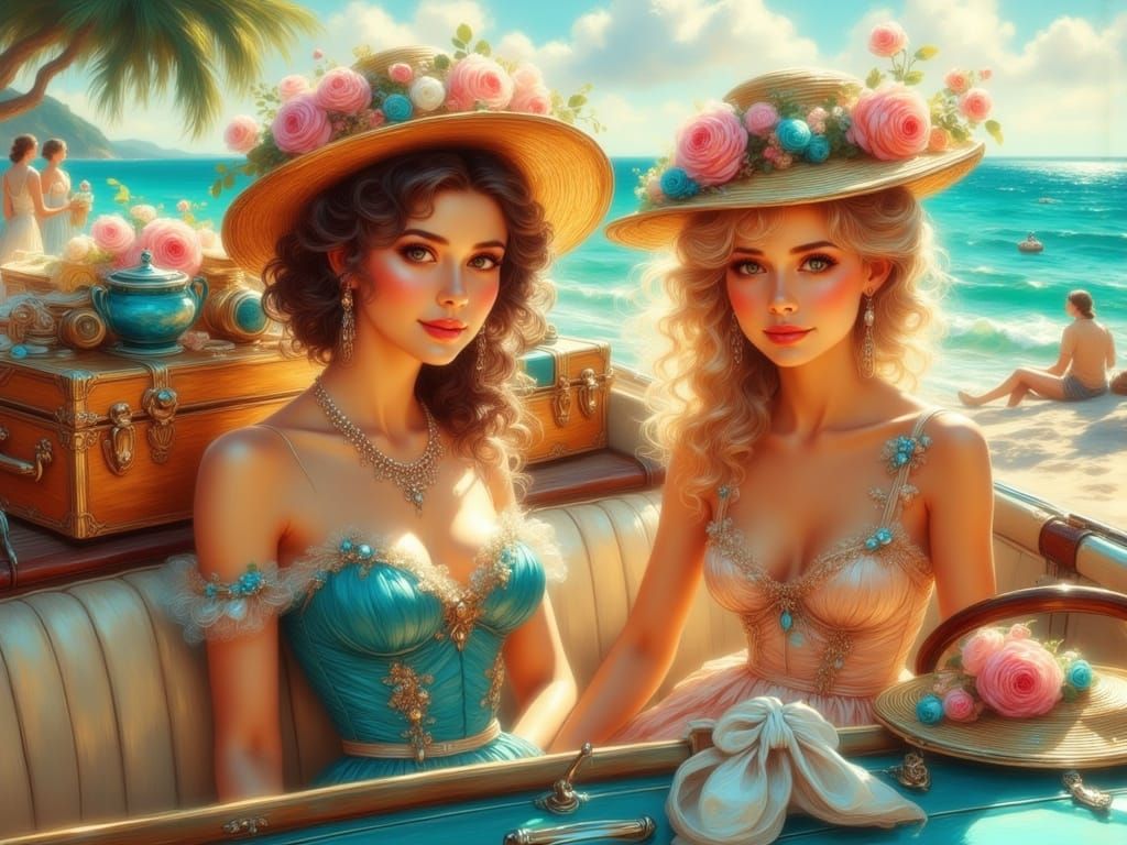 Vintage Convertible Ride to the Seaside, Gouache Style