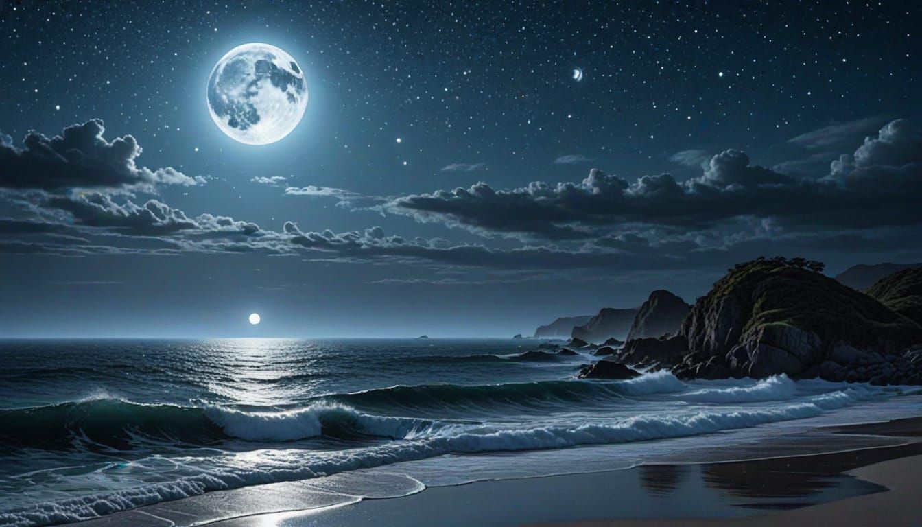 Dreamlike Cerulean Ocean Waves Under Moonlight
