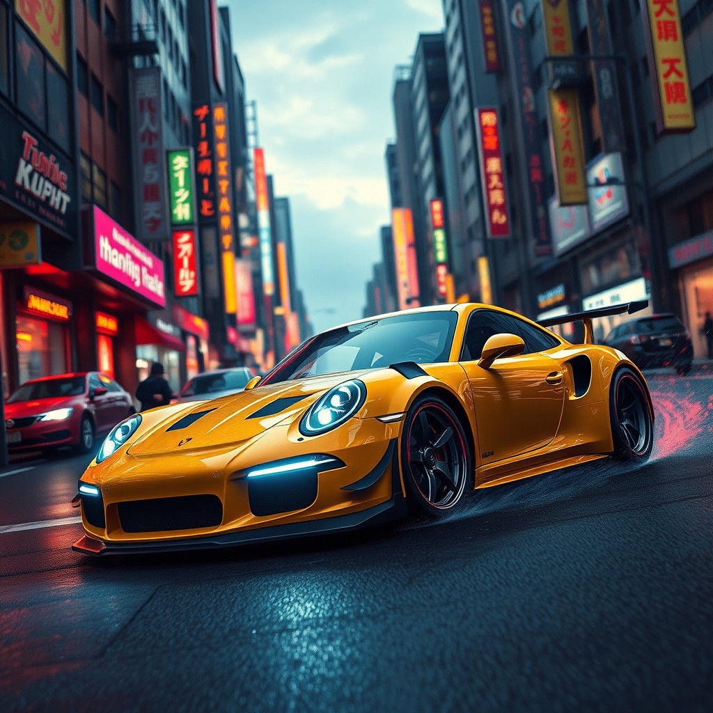 Yellow Porsche Skidding Through Tokyo Streets