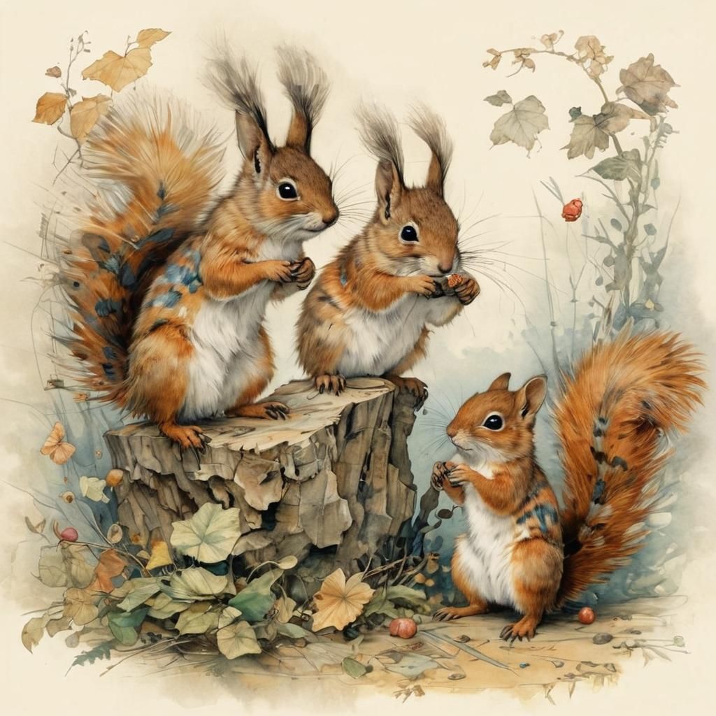 Squirrels in Whimsical Watercolor Style