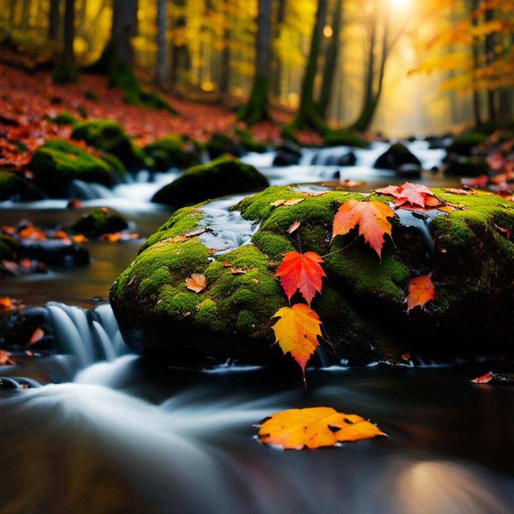 Mossy Autumn Stream in Beech Forest: Macro Shot