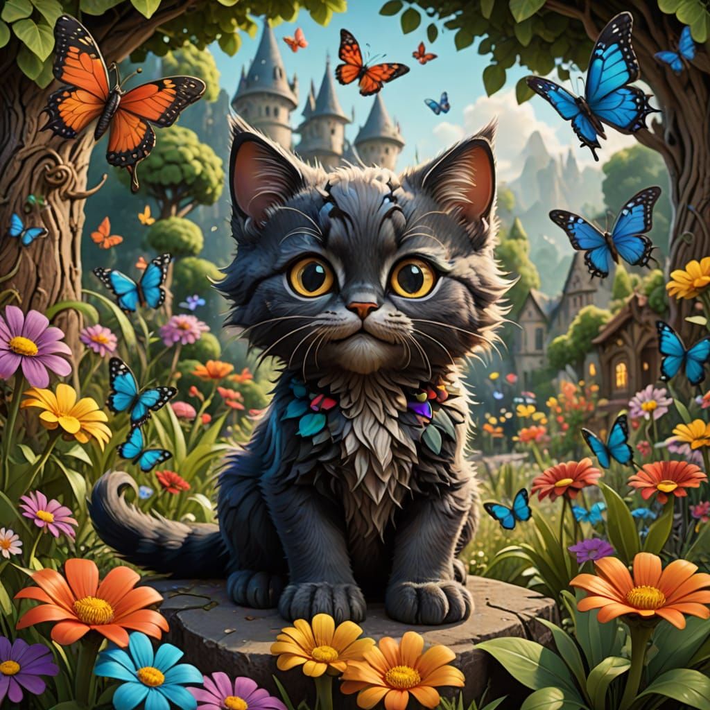 Whimsical Kitten in Enchanted Garden, in Whimsical 3D Style