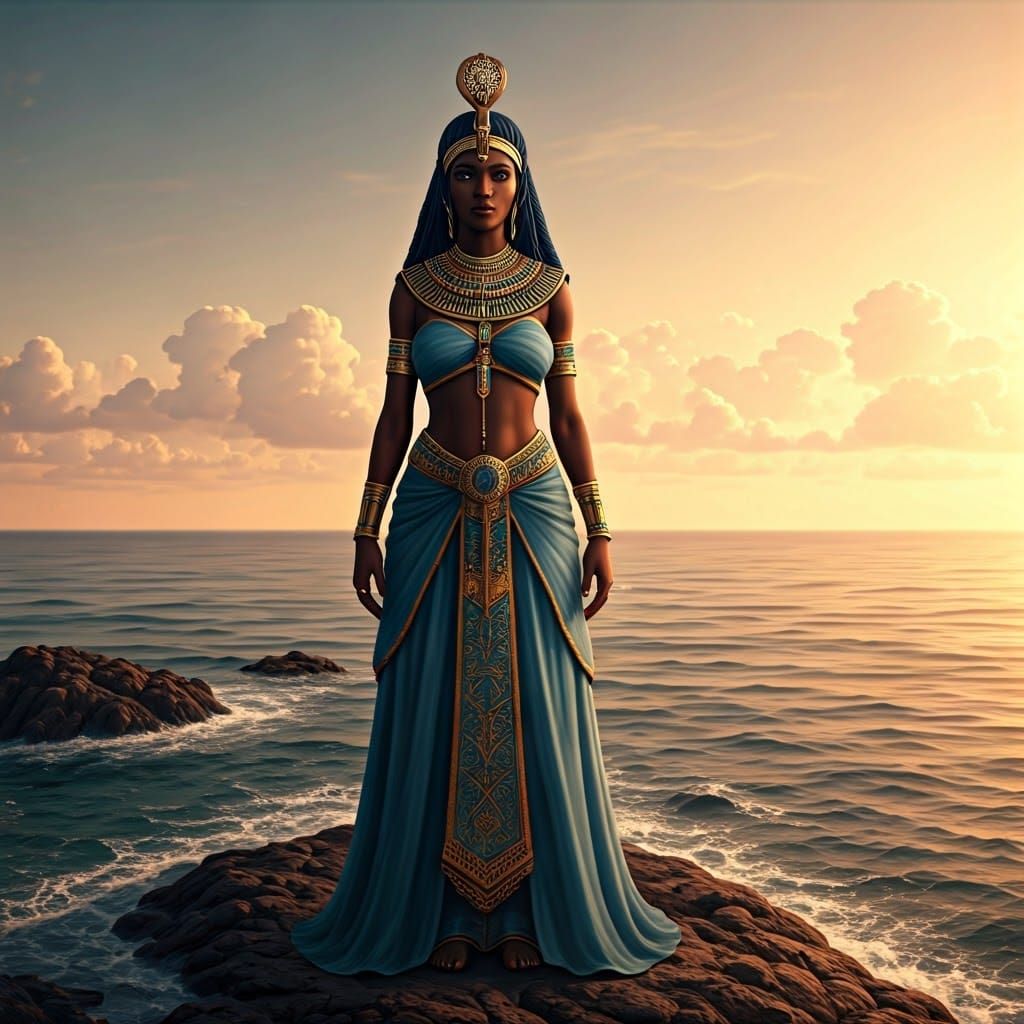 Nubian Princess on Rocky Shore at Sunset in 3D