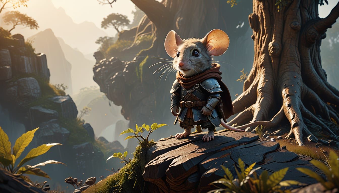 Mouse Adventurer on Giant Tree Root, Misty Valley Concept Ar...