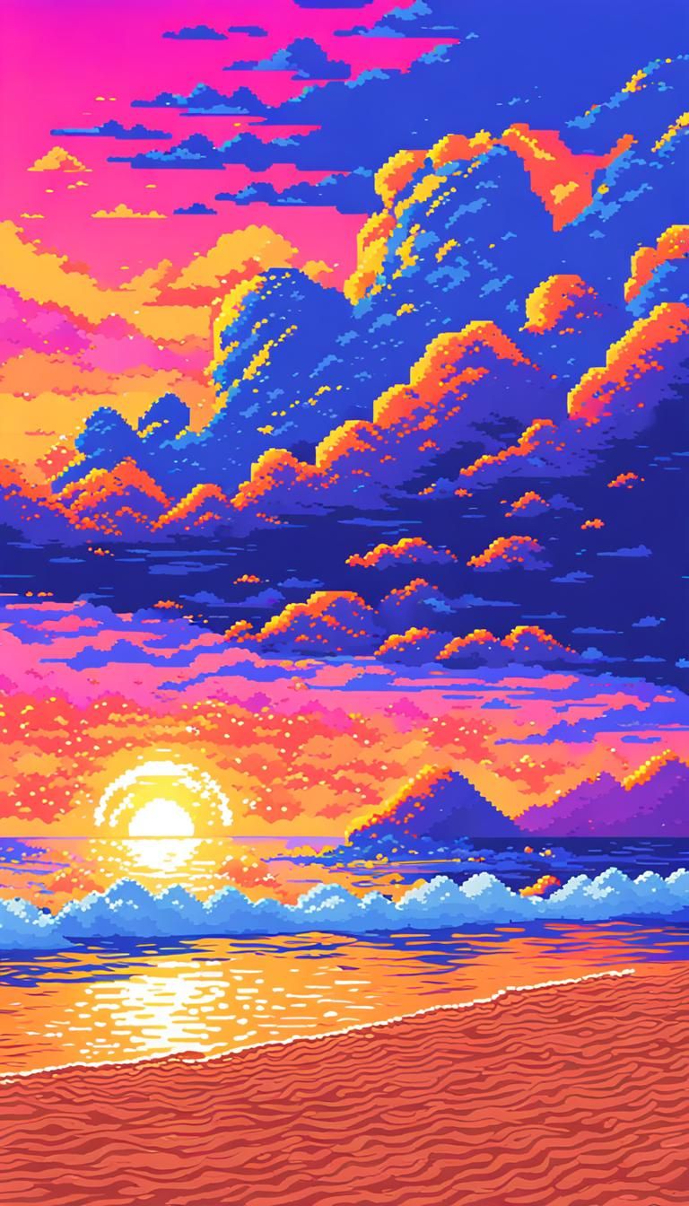 Pixel Art Sunset Ocean Scene in 16-bit