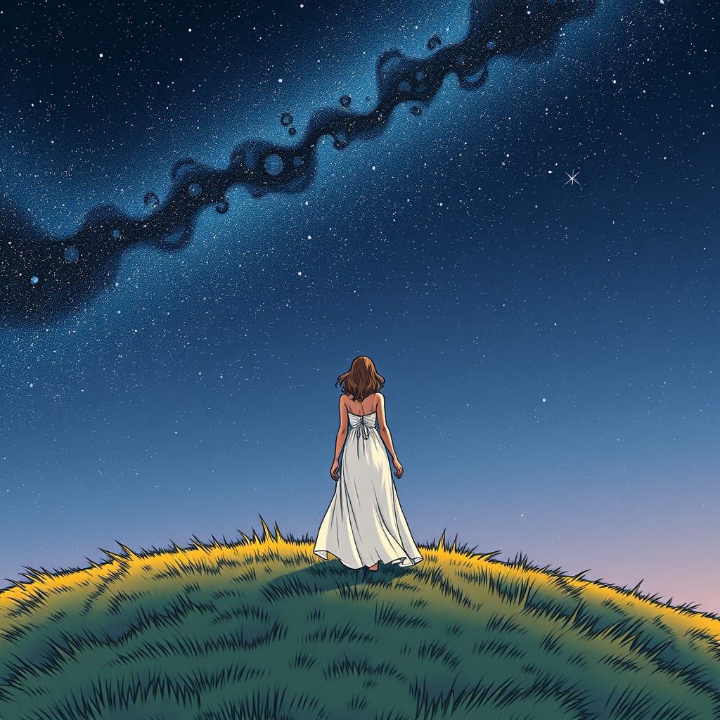 Woman Gazing at Starry Sky in Comic Book Style