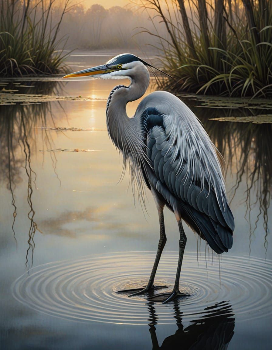 Ethereal Heron Plunges into Calm Water in Dreamlike Abstract...