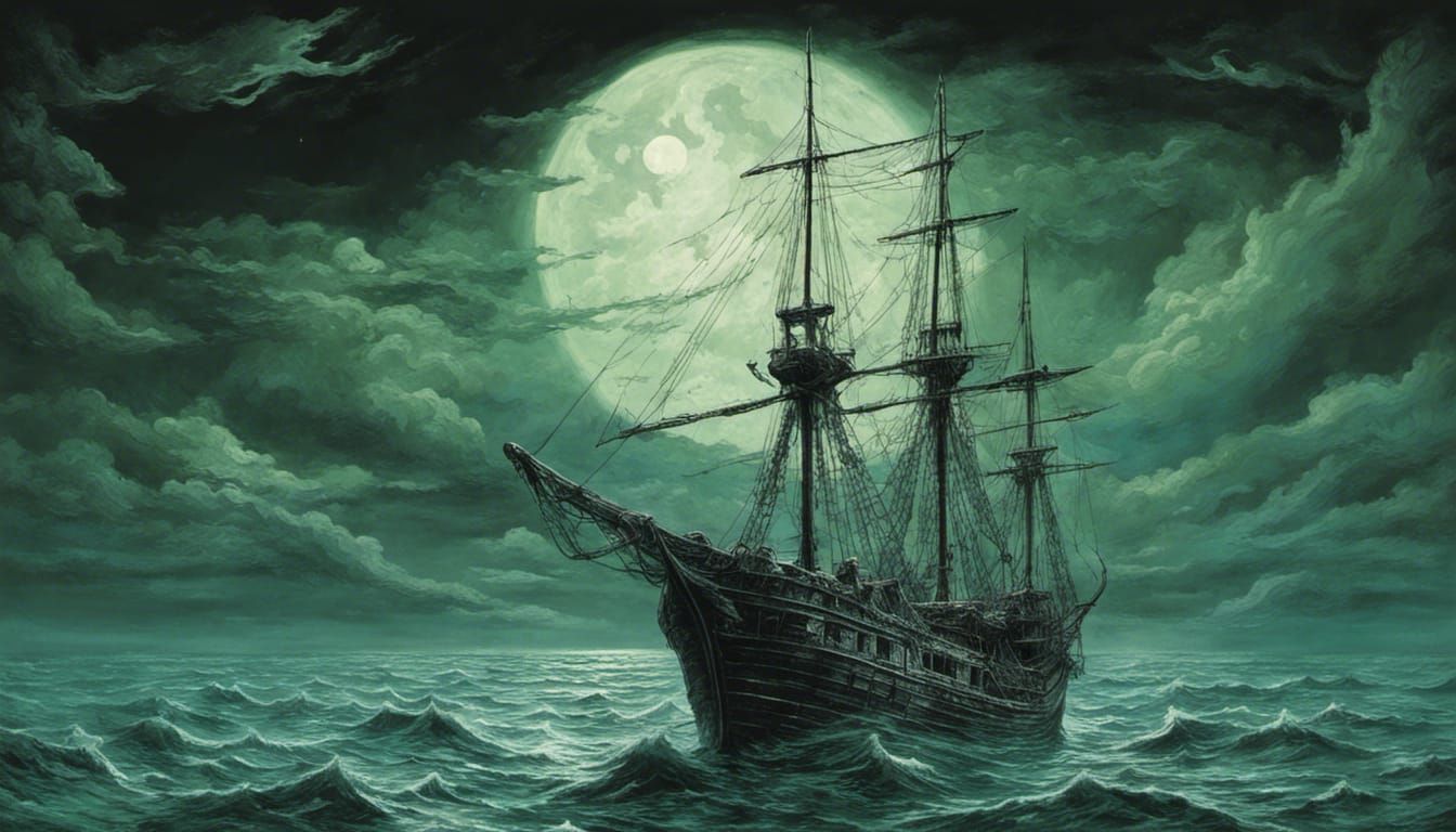 Monochrome Ghost Ship on Green Sea at Night
