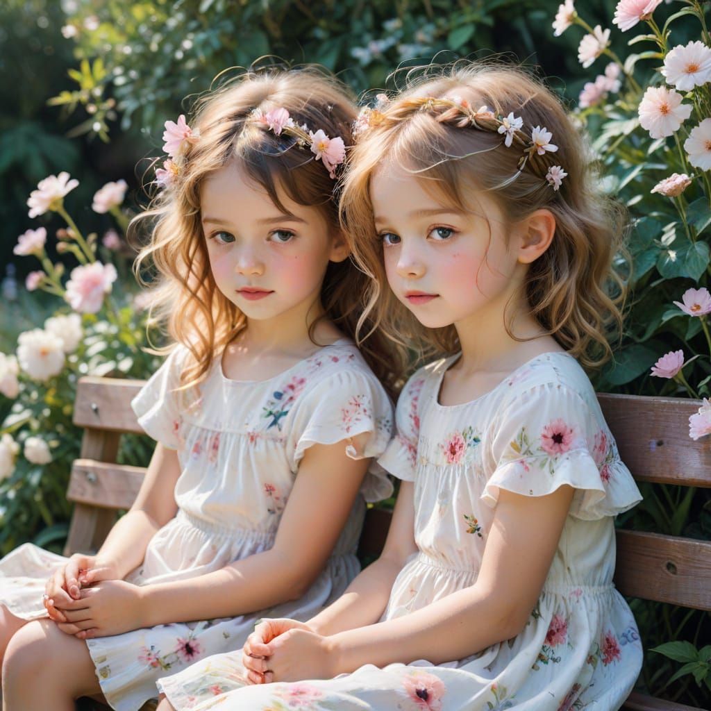 Two Little Girls in Whimsical Garden Setting