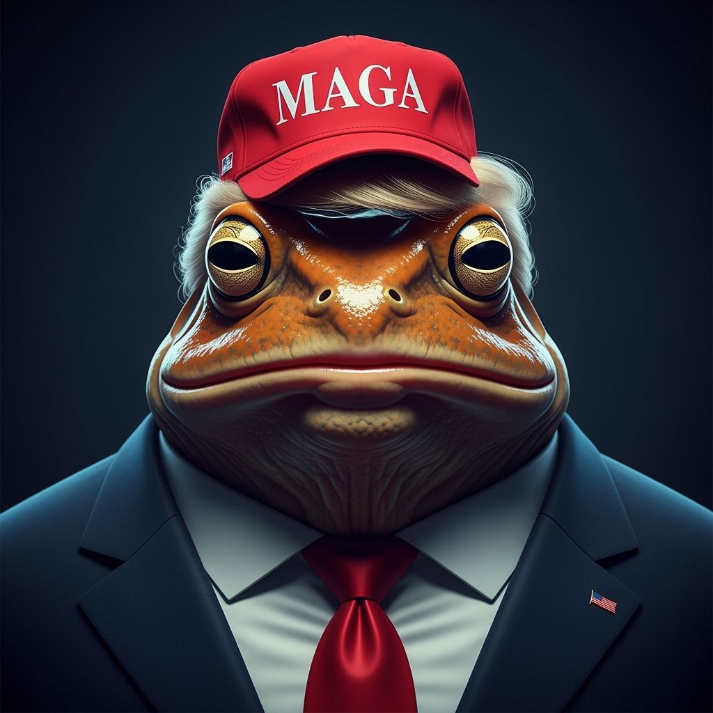 Photorealistic Bullfrog Portrait with Political Satire Eleme...