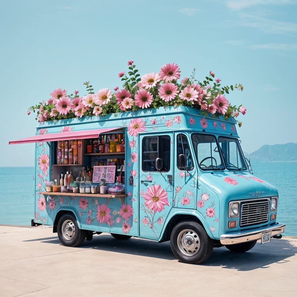 Vibrant Food Truck in Whimsical Style with Pastel Colors and...