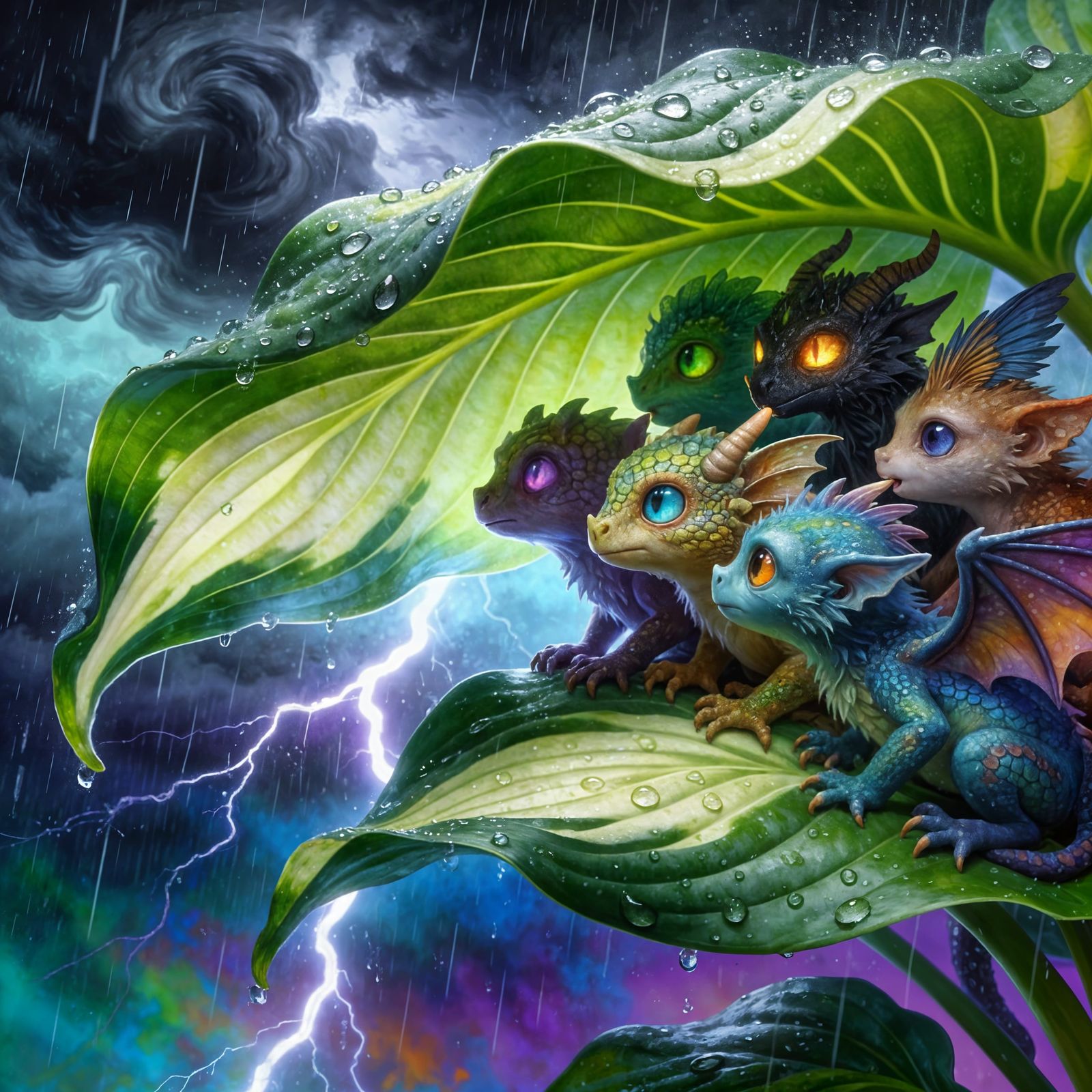 Mystical Creatures Huddle Under Hosta Leaf During Storm
