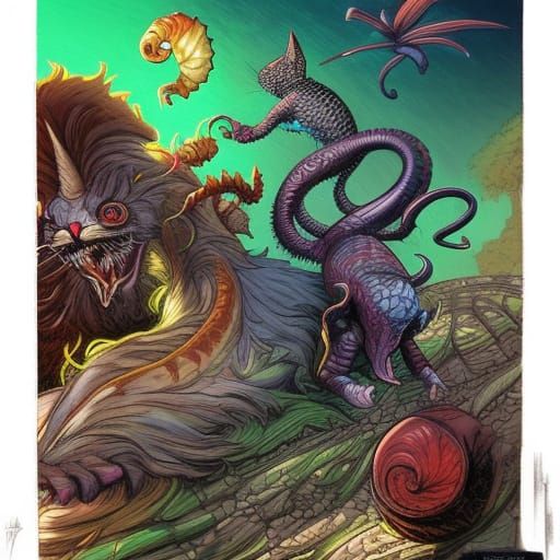 Chameleon Cat Chasing Armored Jester, Comic Book Art