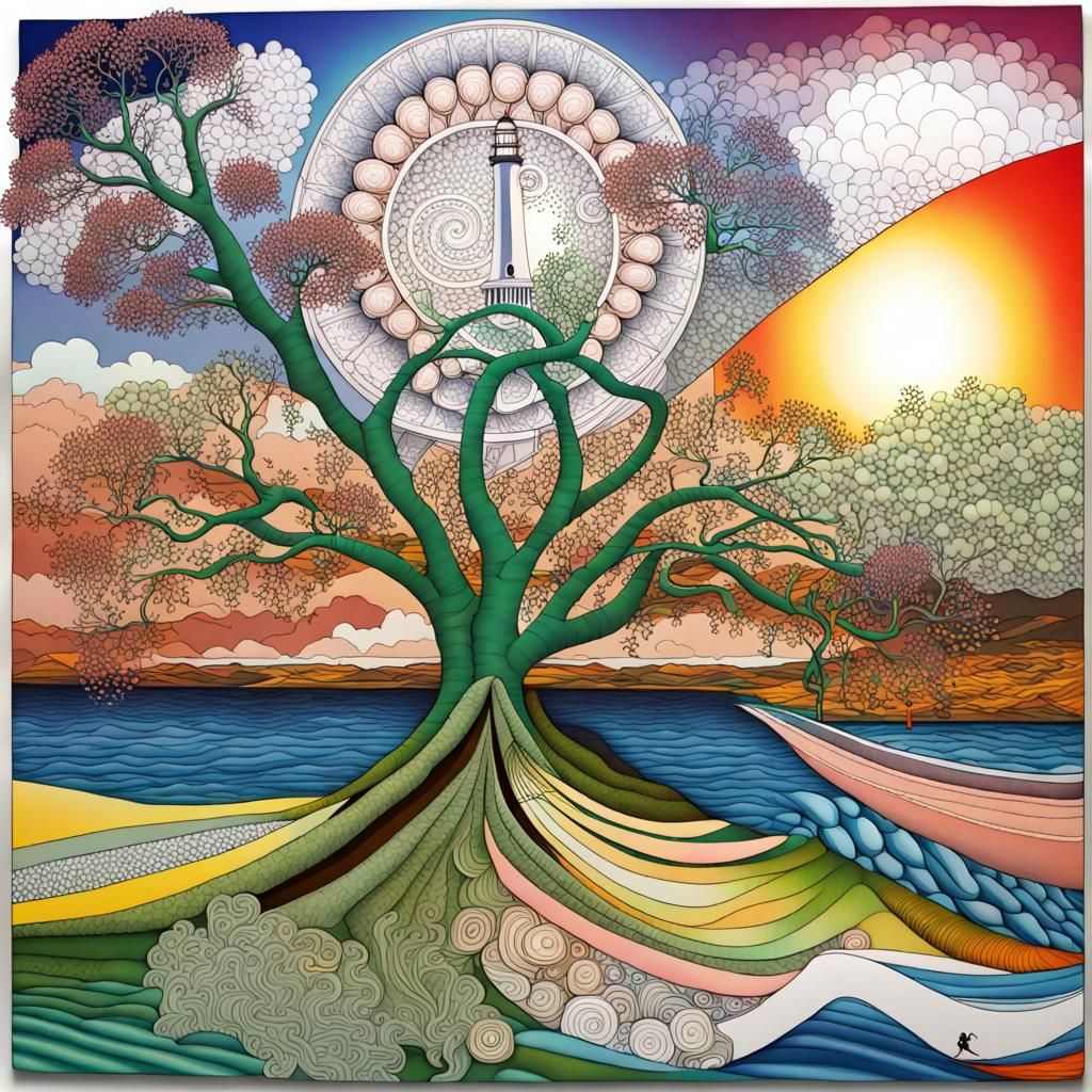 Complex Rivertree Structure with Lighthouse and Flora