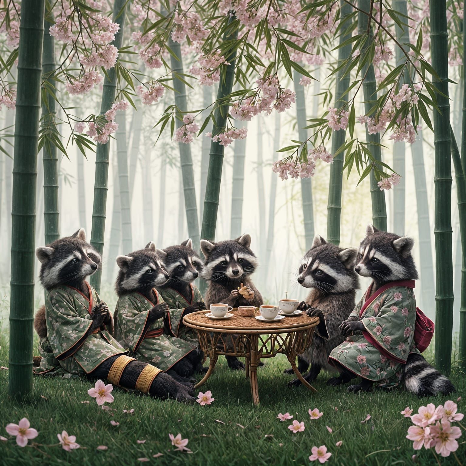 Whimsical Raccoon Tea Party in Misty Bamboo Forest