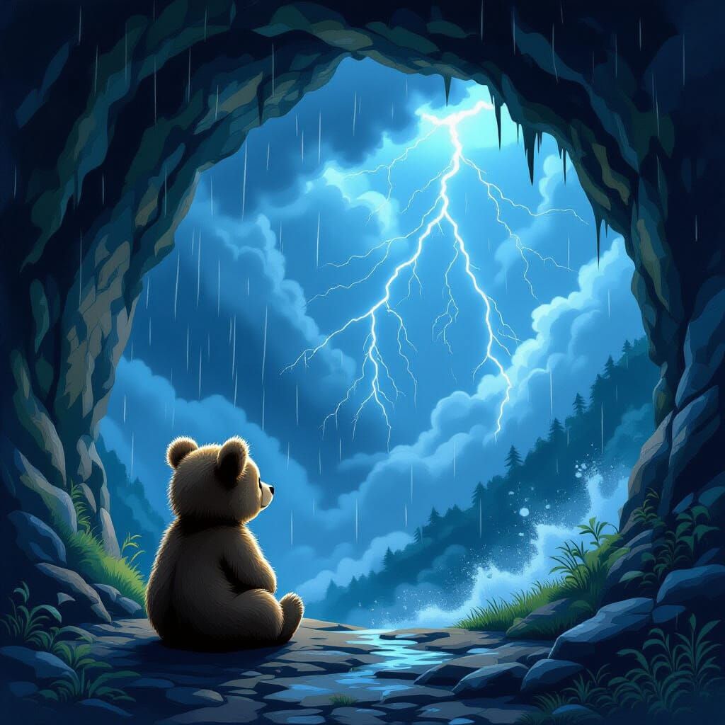 Adorable Bear Cub Watches Storm From Cave Entrance
