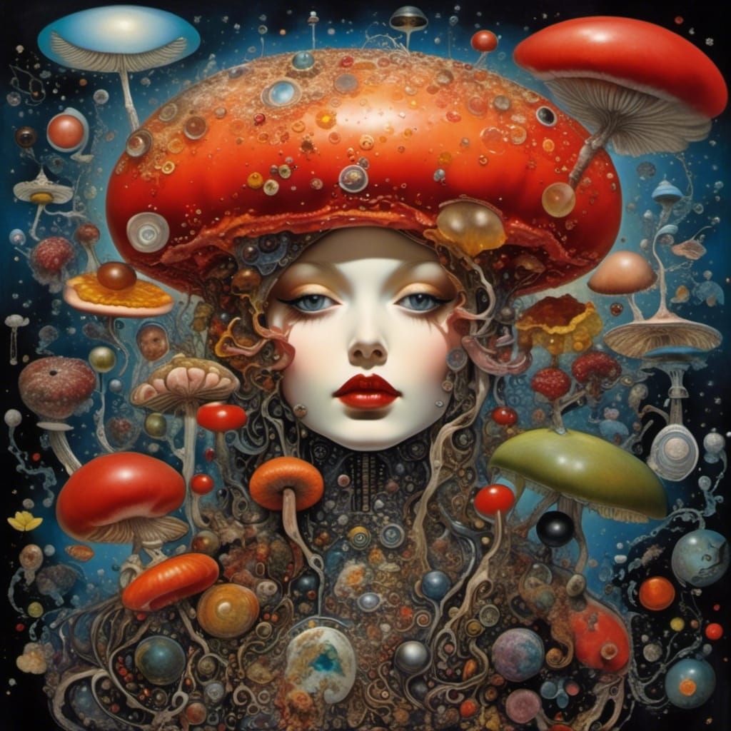 Girl in Cheeseburger Hat with Fractal Art