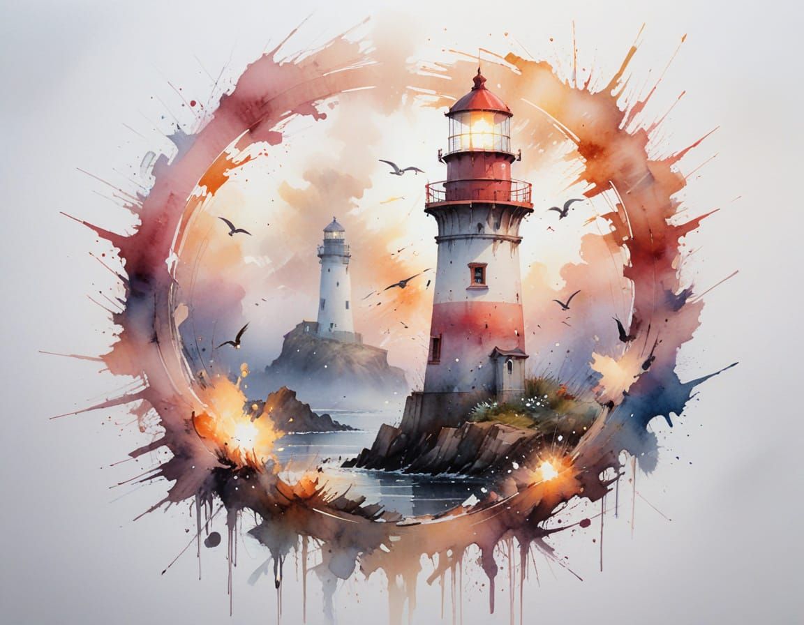 Misty Dawn Lighthouse Beam Cutting Through Fog