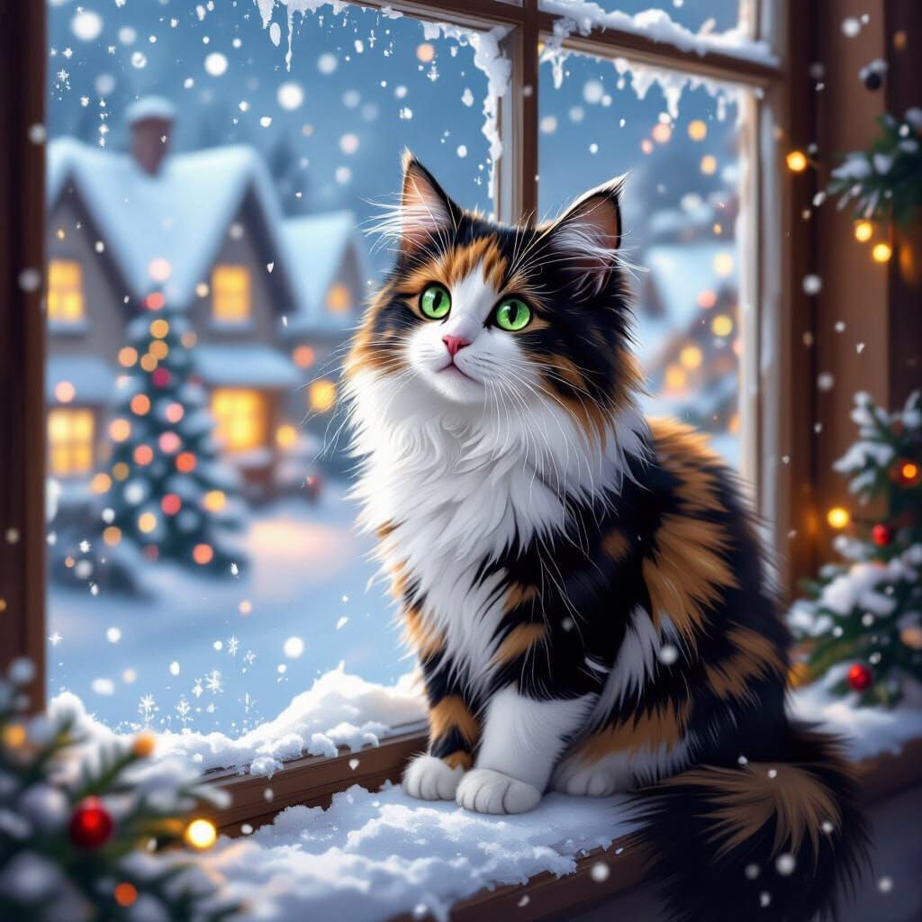 Cute Cat on Snowy Christmas Window Sill
