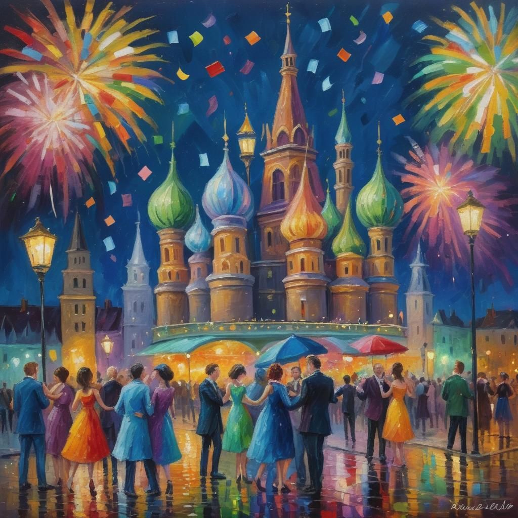 Nighttime Celebration in Neo-Impressionist Style