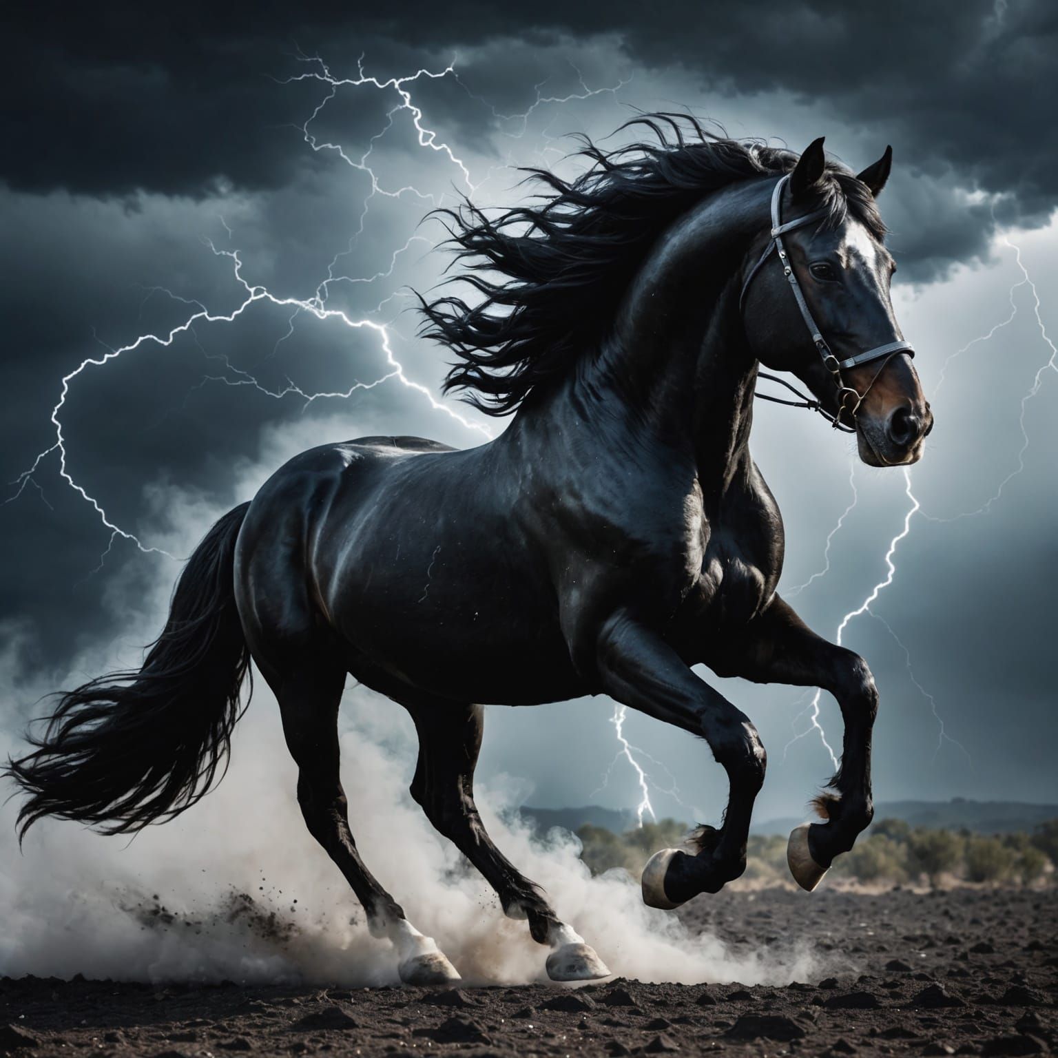 Majestic Black Stallion with Smoke Wings
