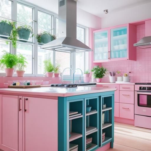 Modern Candy Pink and Blue Kitchen with Plants