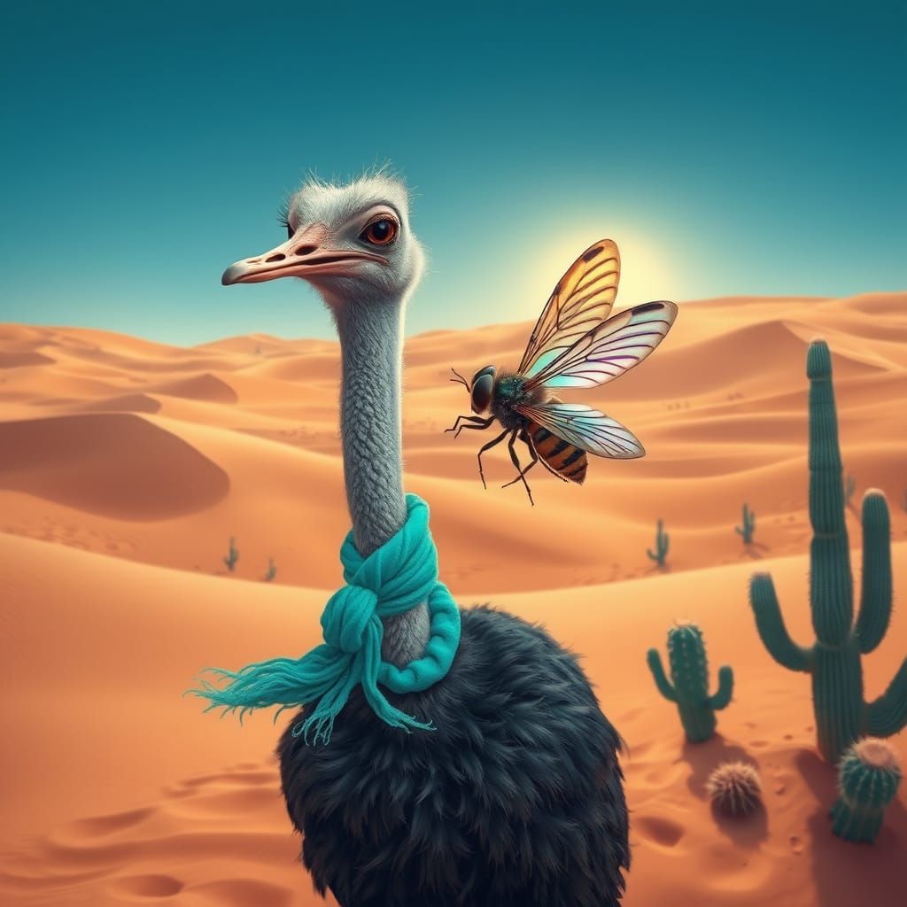 Ostrich and Fly Desert Friends in Surreal Style