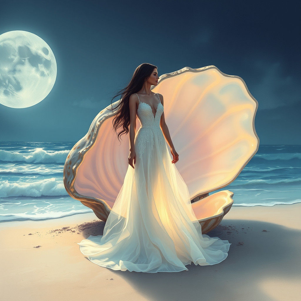 Dreamy Goddess Emerges from Shimmering Clamshell on Moonlit...