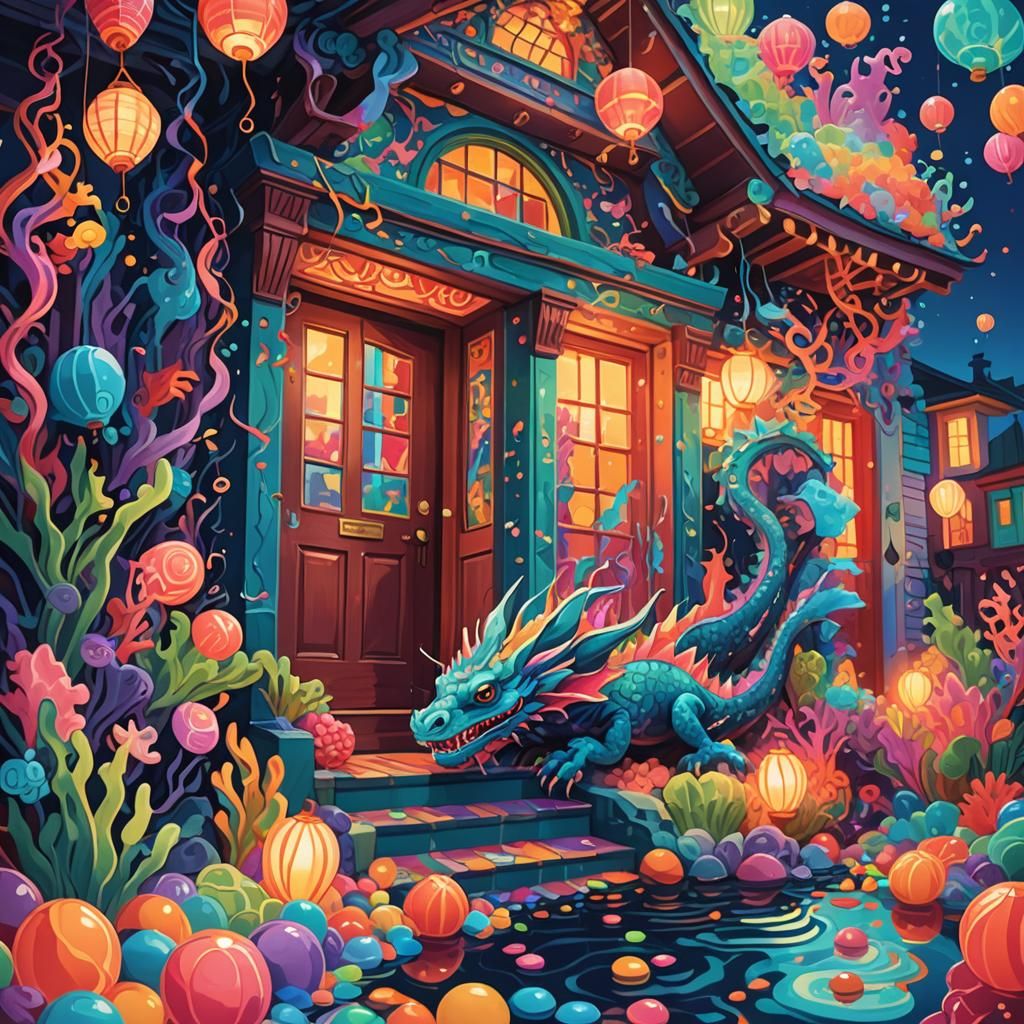 Psychedelic Dragon House Undersea, in Matisse Style