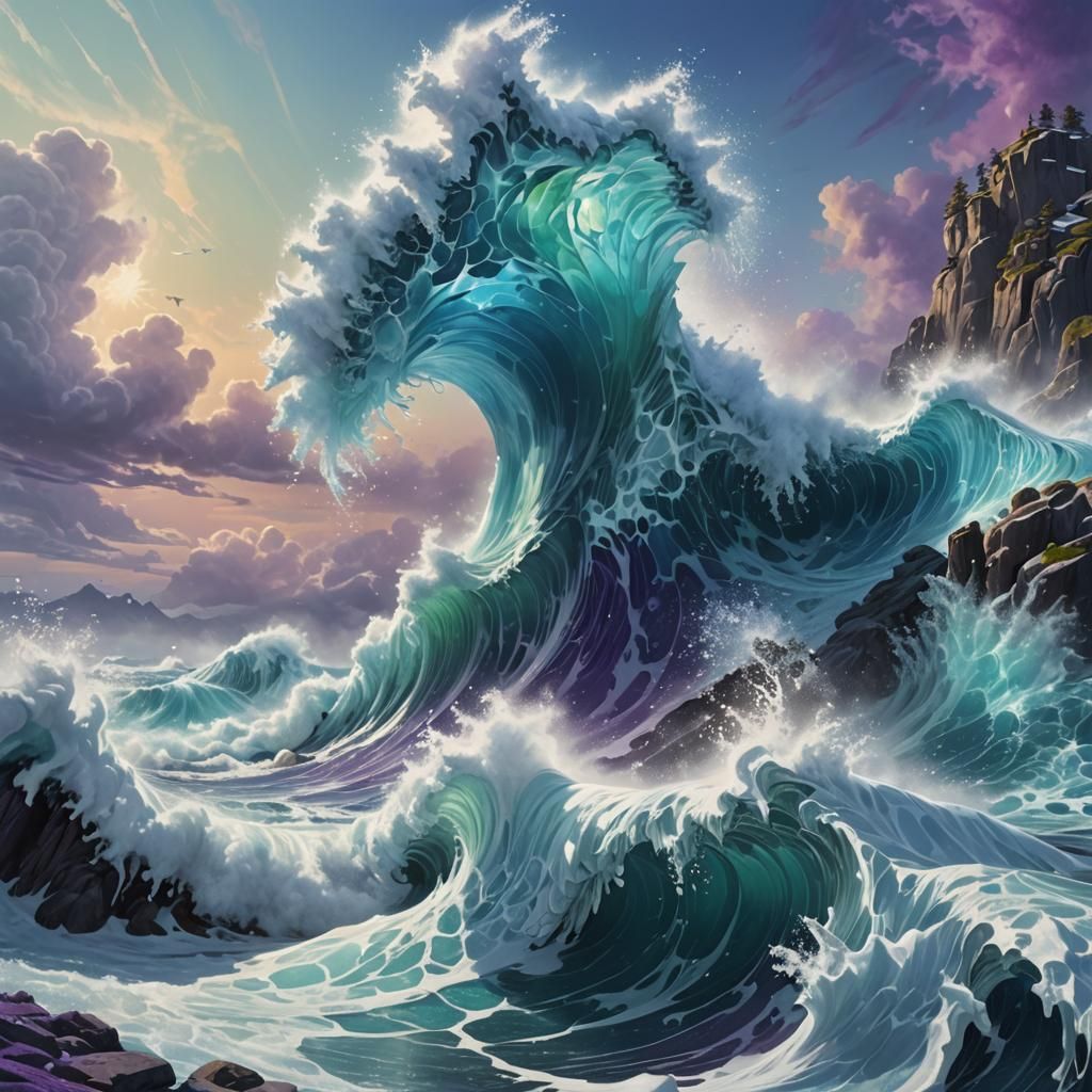 Crystal Ice Island Wave in Hyper-Realistic Style