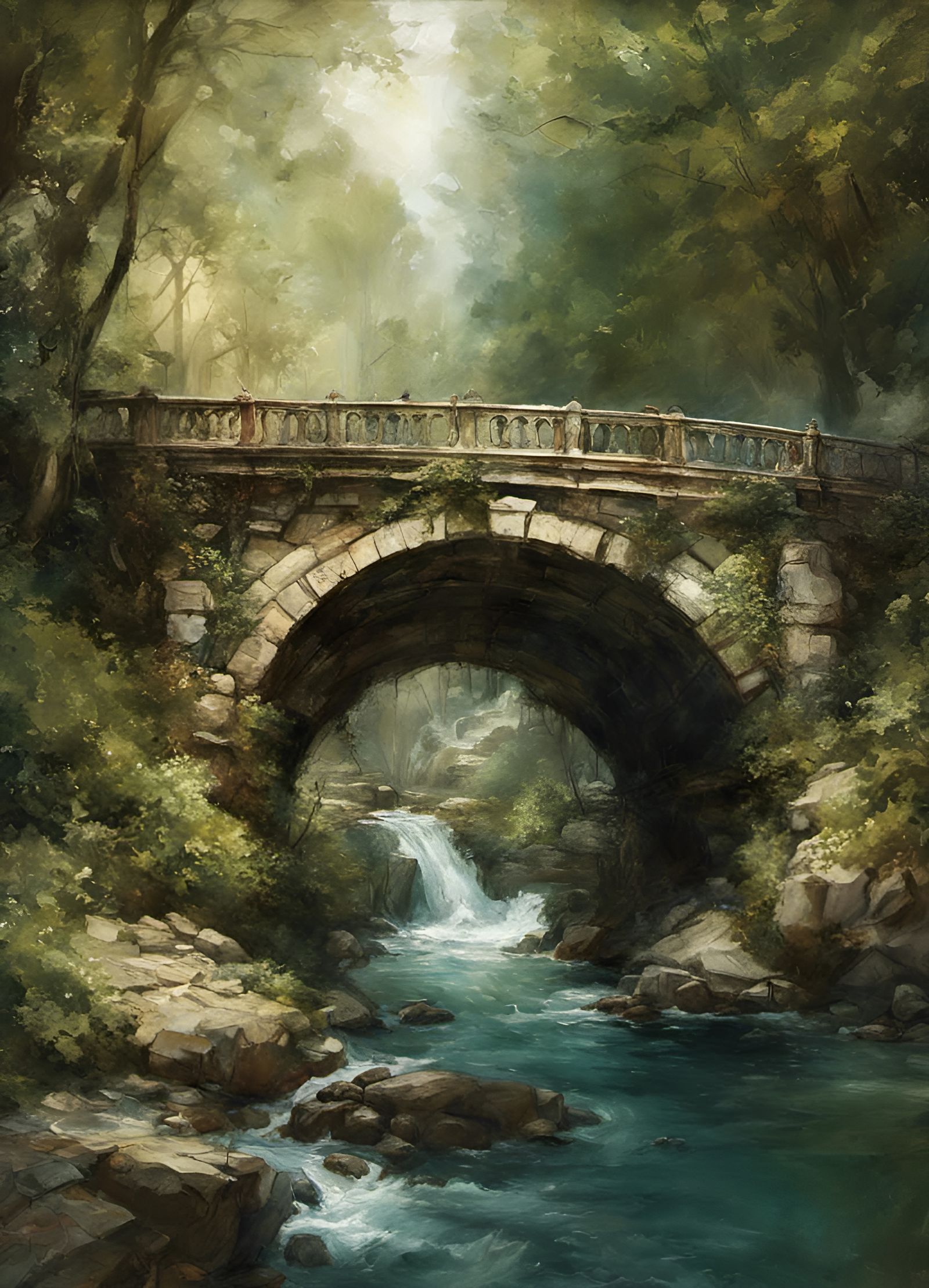 Detailed Stone Bridge Over River at Night