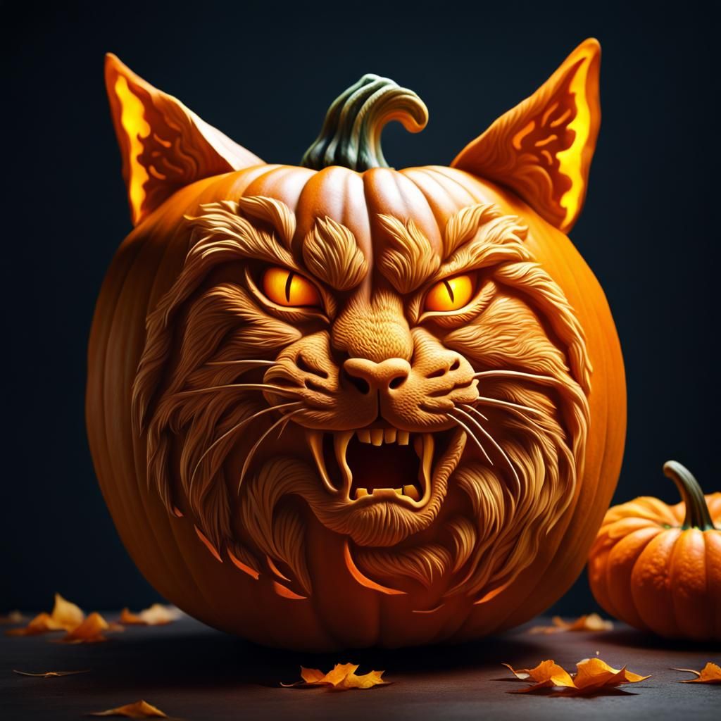 Hyperrealistic Cat-O-Lantern in Splash Art Style
