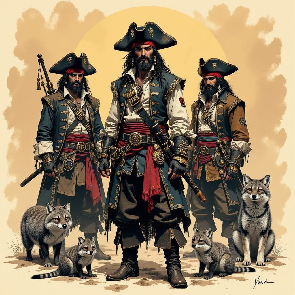 Pirates and Animals in Sepia Pencil Drawing