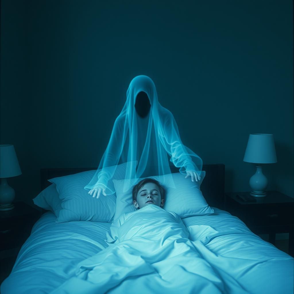 Ghostly Apparition Over Boy in Bed: Double Exposure